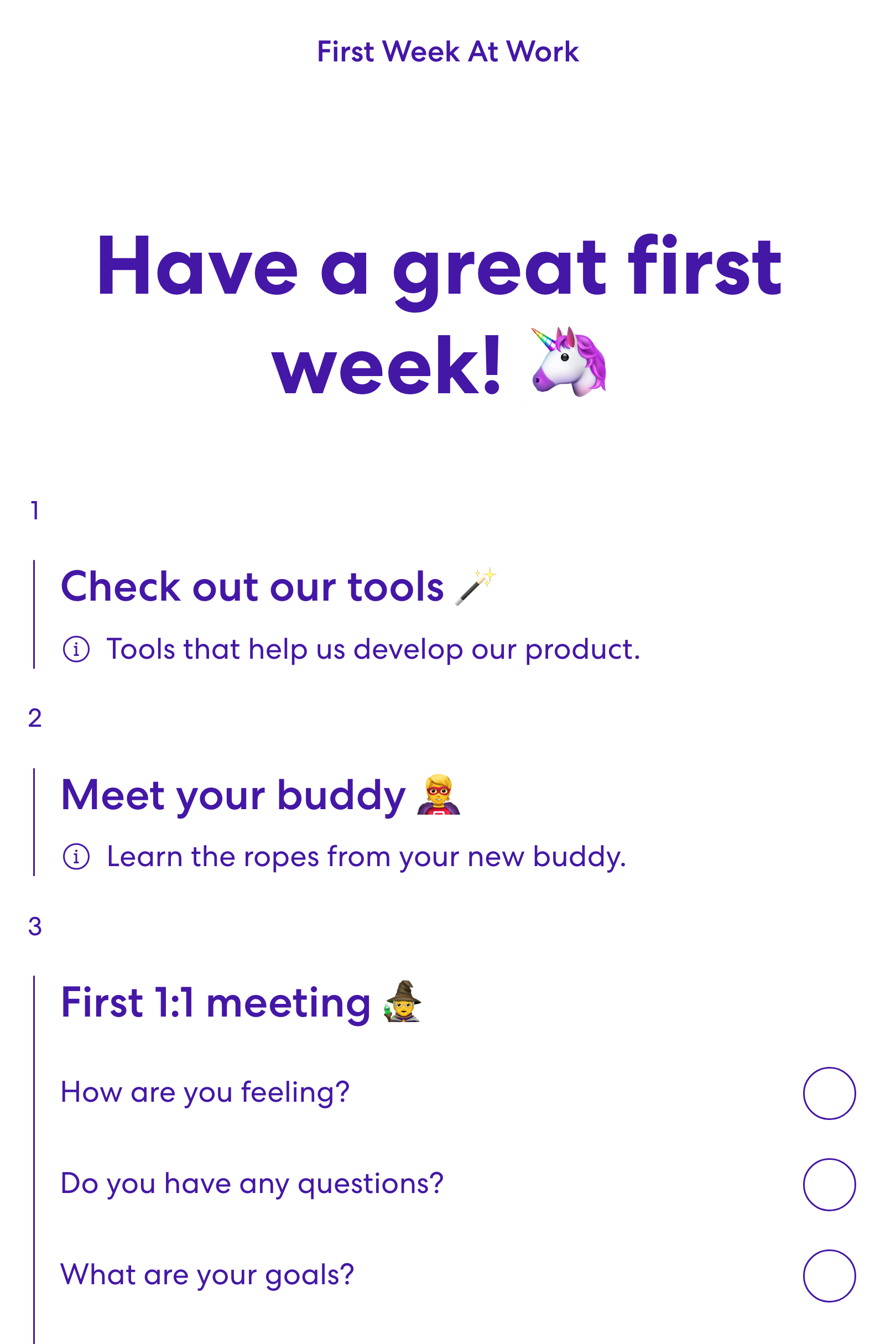 Screenshot of First Week At Work template
